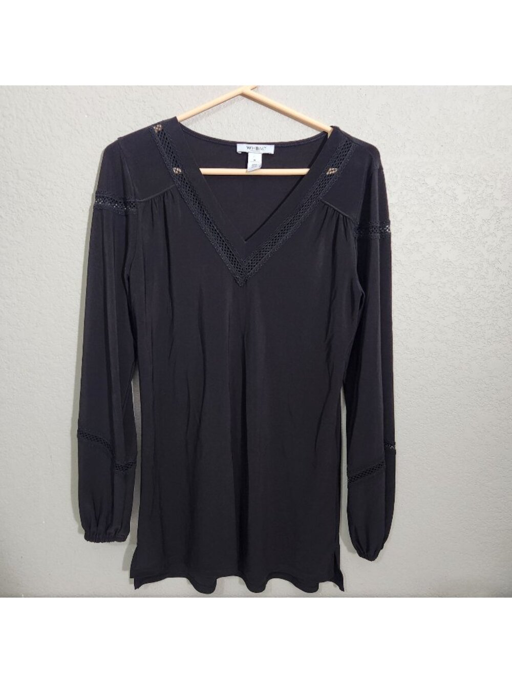 WHBM Black Lace Accent Womens Top Size M Long Sleeve V-Neck Tunic